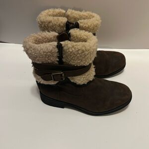Brown UGG shearling cuff leather ankle boots